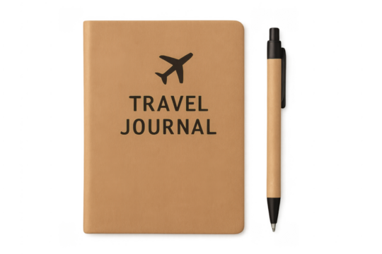 Travel journal and pen for planning adventure transparent background