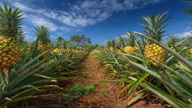 Lush Pineapple Plantation Field with Ripe Yellow Fruits Against a Vibrant Blue Sky Agricultural Paradise on Tropical Island Under Natural Sunlight