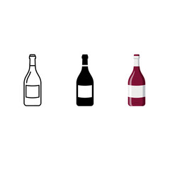 Vector illustration set of a wine bottle with a label in outline, solid black, and colored design, ideal for beverage, restaurant, and liquor industry themes.