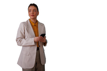 Businesswoman standing and holding smartphone, looking away with thoughtful expression on transparent background