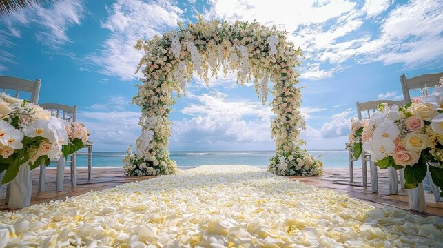 Beautiful outdoor floral wedding arch decorated with white and peach flowers and flower petals covering the aisle under a bright blue sky by the ocean - Powered by Adobe