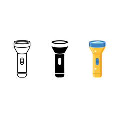Set of vector icons depicting a flashlight in line, solid black, and colored cartoon styles, suitable for camping, emergency, illumination, and outdoor activities.