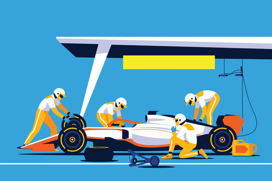 Chaotic pit stop vector illustration of racing car and crew in high-speed motor sports scene, capturing precision, intensity, and action-packed auto race repairs in dynamic vector style.