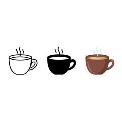 Vector set of hot coffee or tea cup icons in outline, solid black, and colored cartoon styles, perfect for breakfast, cafe, beverage, and morning themes.
