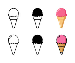 Set of vector illustrations depicting ice cream cones with scoops in outline, solid black, and delicious colored cartoon styles, perfect for summer, dessert, and food themes.