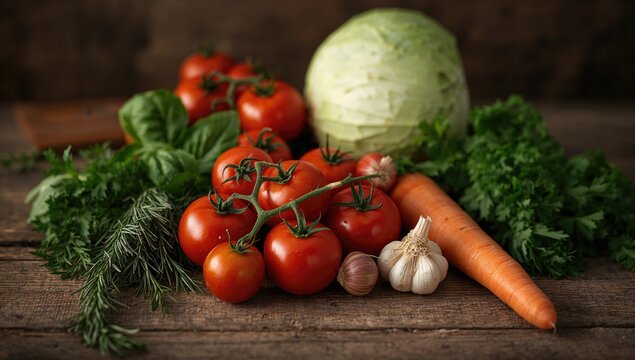 Fresh tomatoes with herbs, cabbage, garlic, and carrots on a wooden surface, fiber-dense choice