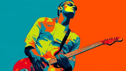 Vibrant pop art illustration of rock guitarist in iconic hero pose