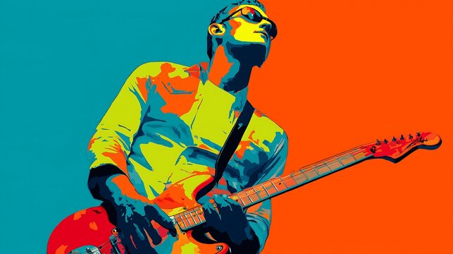 Vibrant pop art illustration of rock guitarist in iconic hero pose