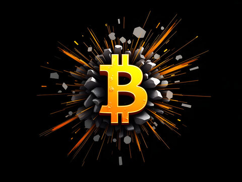 Bold black background vector showing Bitcoin coin breaking apart into rectangular shards, motion blur streaks, dramatic lighting, high contrast financial collapse visual