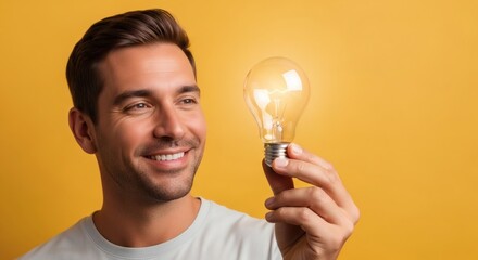 Man holding a glowing light bulb, symbolizing ideas and innovation