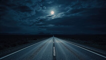 Deserted country road winding through prairie under a full moon with dramatic cloud cover, seasonal change