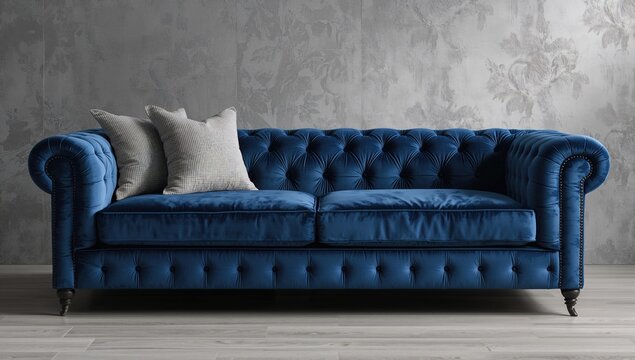Blue velvet sofa featuring a gray cushion, modern fabric design with sunken buttons, interior design focus