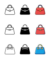 Elegant Women's Handbag Icon Set: Line, Black Glyph, and Colorful Cartoon Illustrations for Fashion, Accessories, Shopping, and Lifestyle Concepts