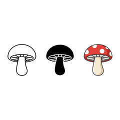 Mushroom Fungi Icon Set: Outline, Solid Black, and Colorful Cartoon Illustrations for Nature, Plant, Forest, Food, and Autumn Concepts