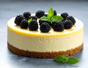 Close-up of a cheesecake with blackberries and mint garnish on a gray surface