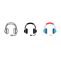 Headset with Microphone Icon Set: Outline, Black Glyph, and Colorful Cartoon Illustrations for Call Center, Customer Service, and Audio Communication