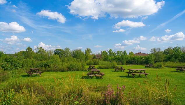A tranquil outdoor setting with picnic tables surrounded by lush greenery and heather, suitable for relaxation, Nature Awareness Day