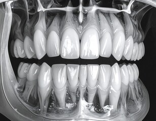 Close-up medical illustration showcasing a complete set of healthy, aligned human teeth