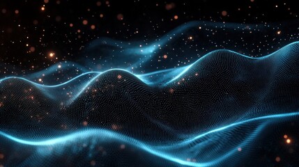 Abstract glowing blue wave formed by particles and lines with floating orange light dots creating a futuristic and dynamic atmosphere