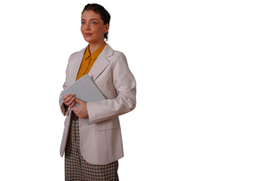 Businesswoman holding digital tablet, standing confidently, looking away, ready for presentation and meeting, transparent background