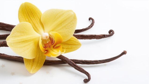 Macro close-up of a yellow wild orchid flower alongside brown vanilla seed pods, showcasing natural beauty and fragrance