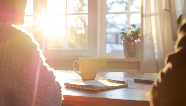 Warm sunlight with people coffee and notebook by window