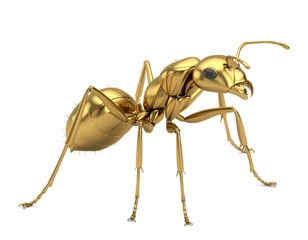 Stylized Gold Sitting Ant 3D Sculpture Isolated on White Background
