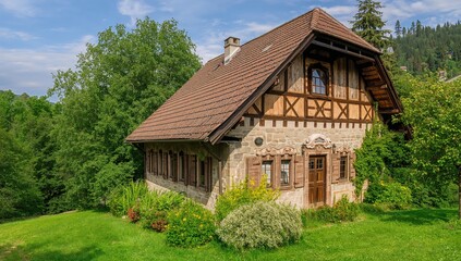 Obraz premium A vintage European home surrounded by thick forest
