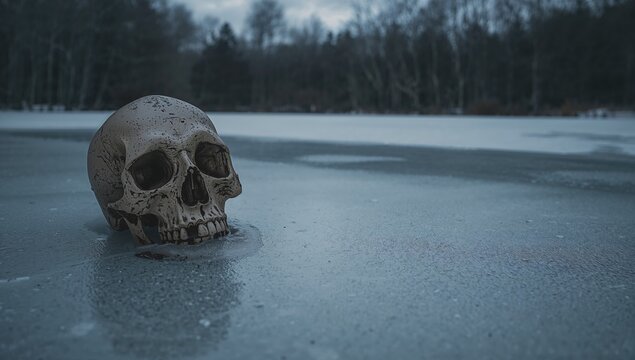 Human skull resting on a frozen ice surface in a forest, highlighting the theme of isolation