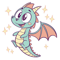 Obraz premium Cute green baby dinosaur cartoon character illustration vector art drawing icon