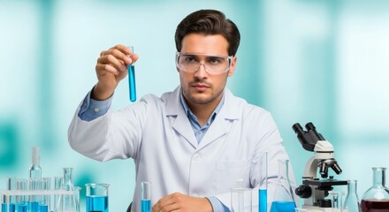 Scientist examining a test tube with blue liquid in a laboratory setting