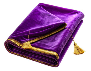  Folded Purple Velvet Prayer Mat with Tassels, isolated on transparent background” 