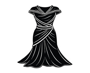 Elegant black draped evening gown fashion illustration on white background