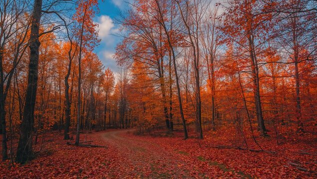 Fall season in a wooded park area with colorful trees