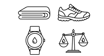 Exercise gear including towel, sneakers, watch, and scales for hydration  