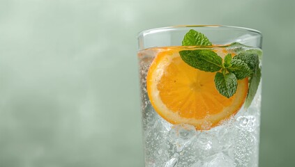 Chilled water with orange slices and mint leaves, refreshing drink option