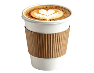 White Disposable Coffee Cup with Heart Latte Art, Front View, isolated on transparent background”