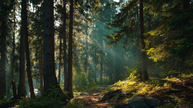 Sunlight streaming through tall trees in a dense green forest with a path visible