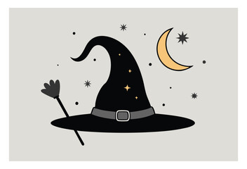 Halloween Witch Hat Broom and Moon with Stars Illustration Design