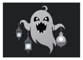 Spooky Halloween Ghost with Lanterns Illustration on Dark Background
