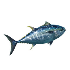 Naklejka premium A stunning yellowfin tuna, a large and powerful fish known for its streamlined body and vibrant colors, isolated on transparent background it is a prized catch