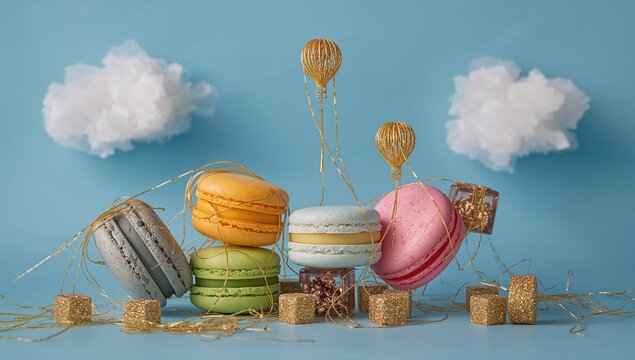 Colorful macaroons and sugar cubes alongside spaghetti strings resembling hot air balloons, playful food arrangement