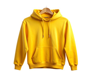 Casual Yellow Hoodie on Wooden Hanger, isolated on transparent background