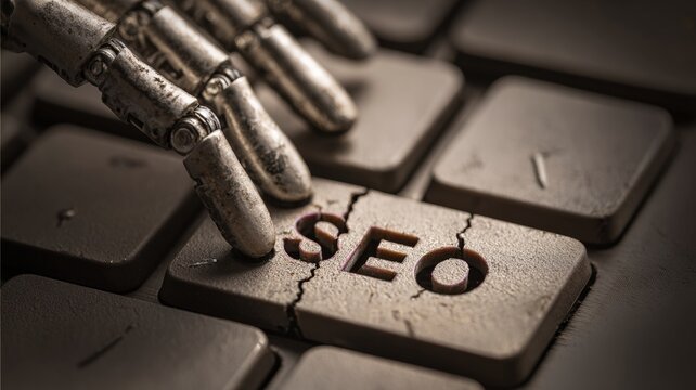 Metal robotic hand pressing cracked SEO key on keyboard, concept of artificial intelligence influence on digital marketing and technology - Powered by Adobe
