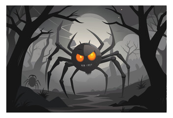 Cartoon monster spider in dark forest landscape Halloween themed art