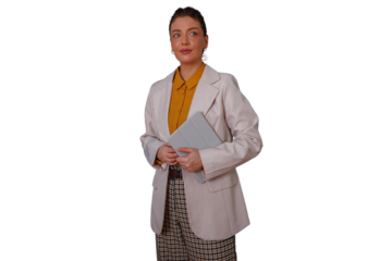 Professional woman holding a tablet, standing in business attire, modern technology and corporate communication concept