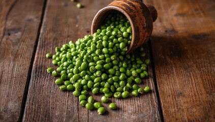 Green peas arranged in a bowl on a wooden table, fiber-dense choice