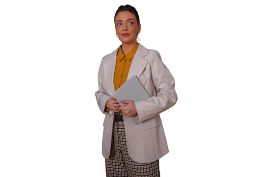 Professional woman holding a tablet, standing in business attire, modern technology and corporate communication concept