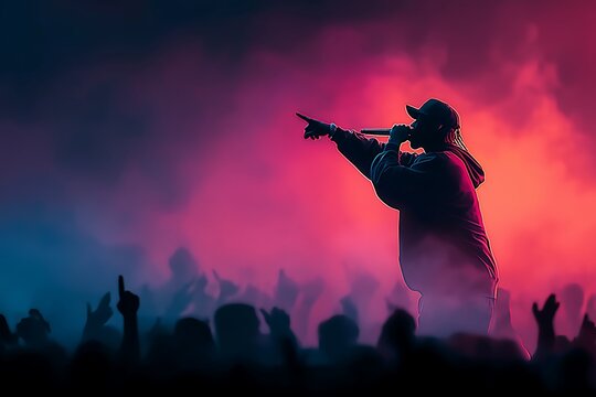 Silhouette of rapper on stage, pointing at crowd, under neon lights, with smoky atmosphere - Powered by Adobe