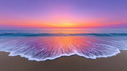 Vibrant beach sunset with gentle waves lapping the shore and a purple orange sky reflecting on smooth ocean water creating a serene and peaceful atmosphere
